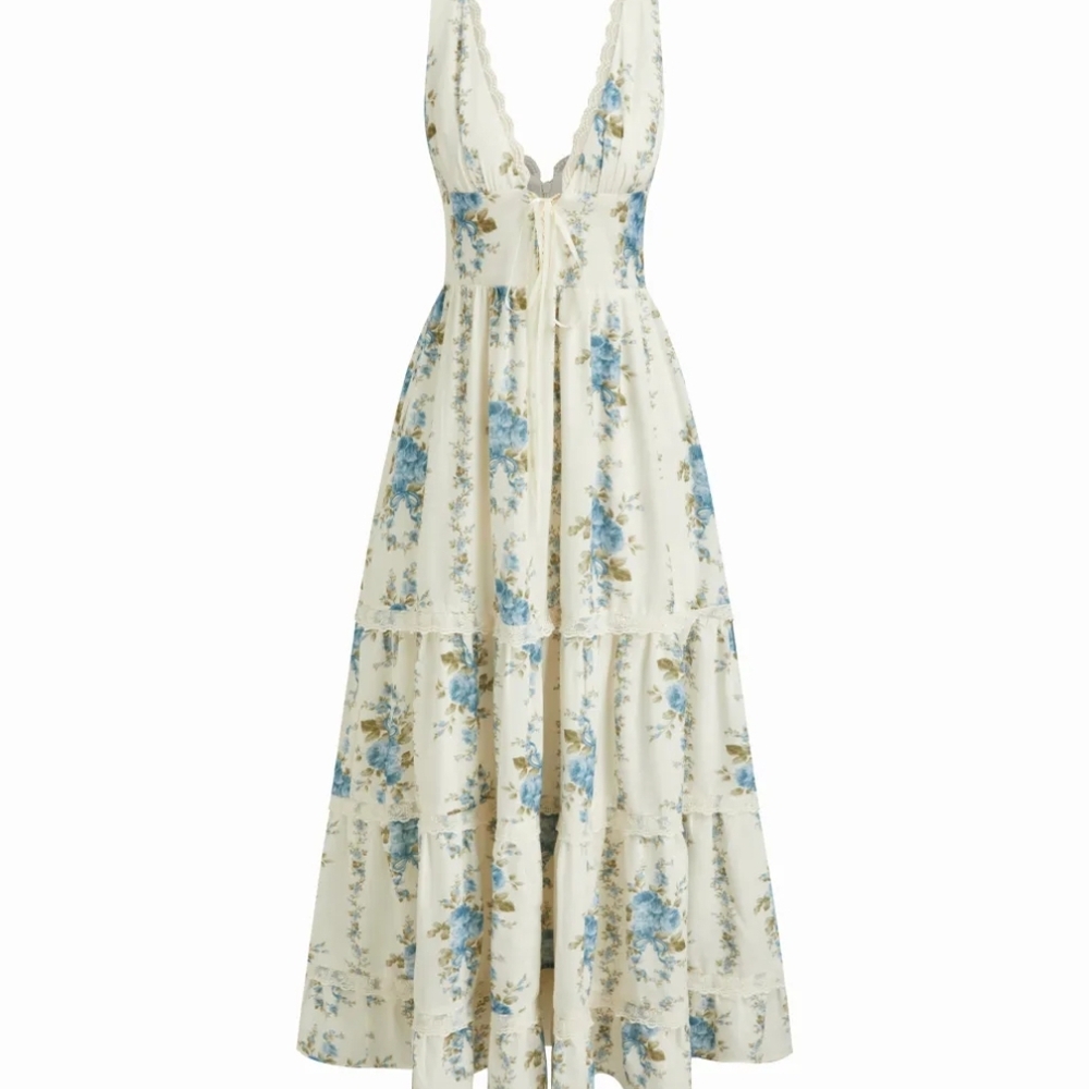 Cider Cream and Blue Floral Backless Dress